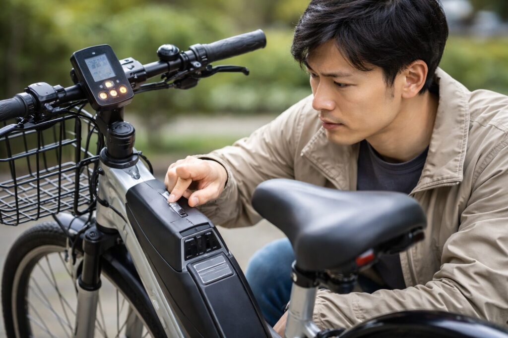 ヤマハ電動自転車のバッテリー端子を確認する男性