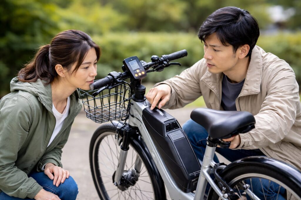 ヤマハ電動自転車のエラー解除を試す二人