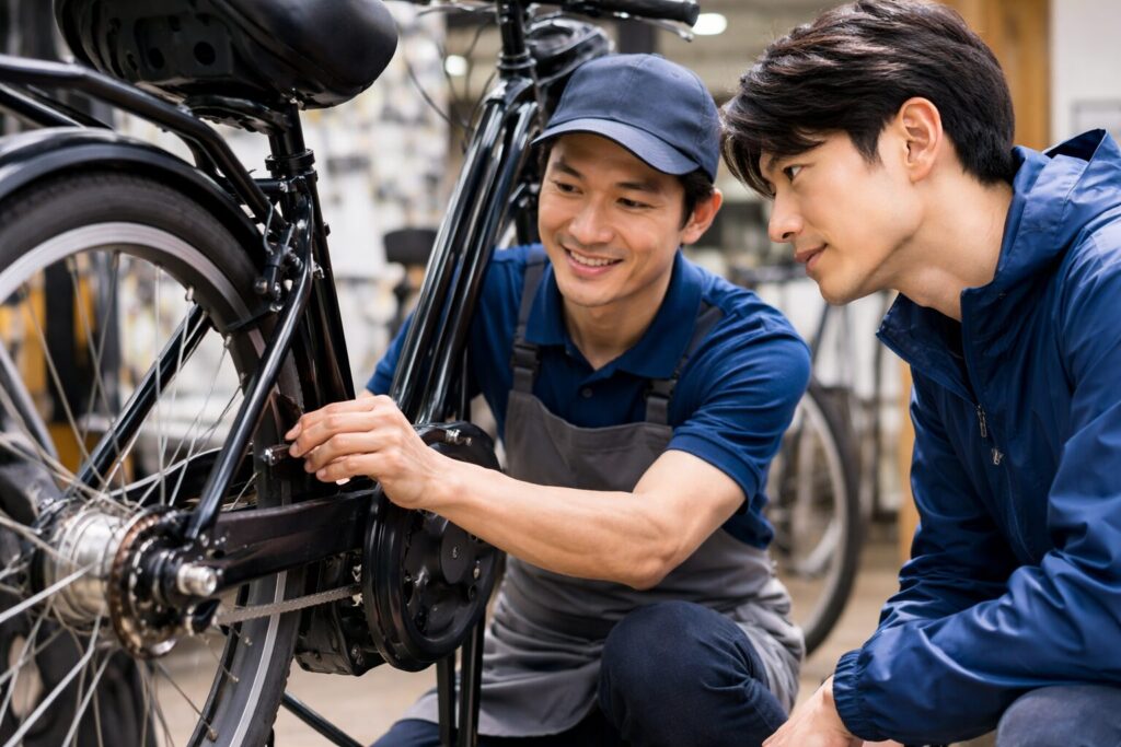 あさひの電動自転車でエラーコード23が出て店舗でスピードセンサー周辺の修理を受けている様子