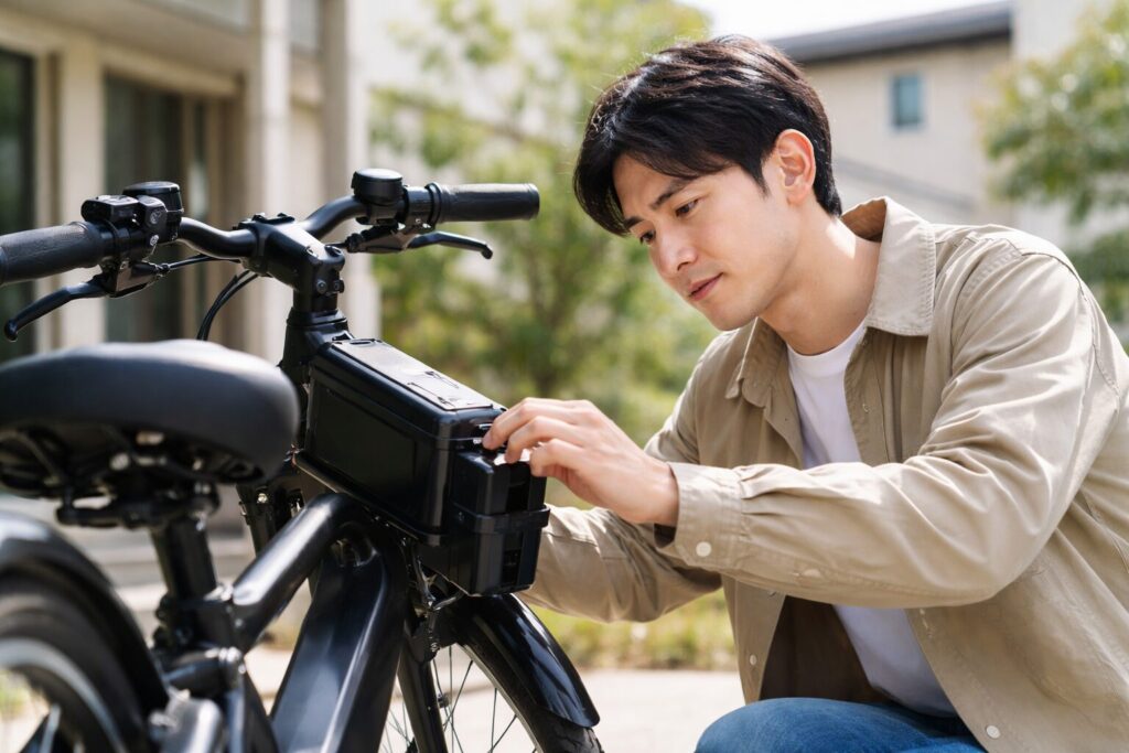 電動自転車のバッテリーを車体に取り付けて固定する様子