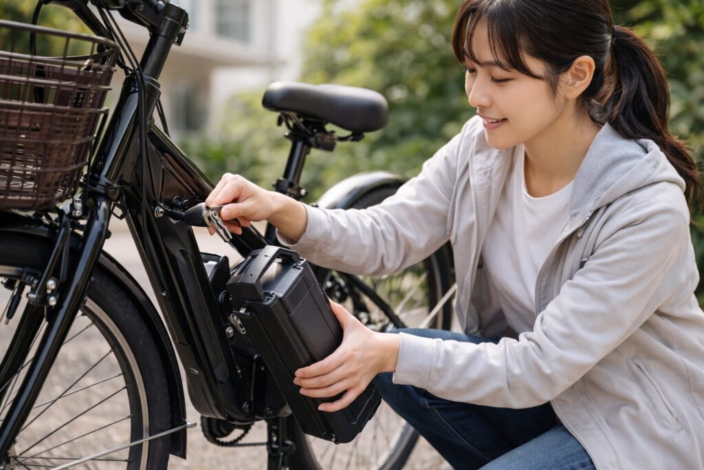 電動自転車のバッテリーを毎回外す通勤ユーザーのイメージ