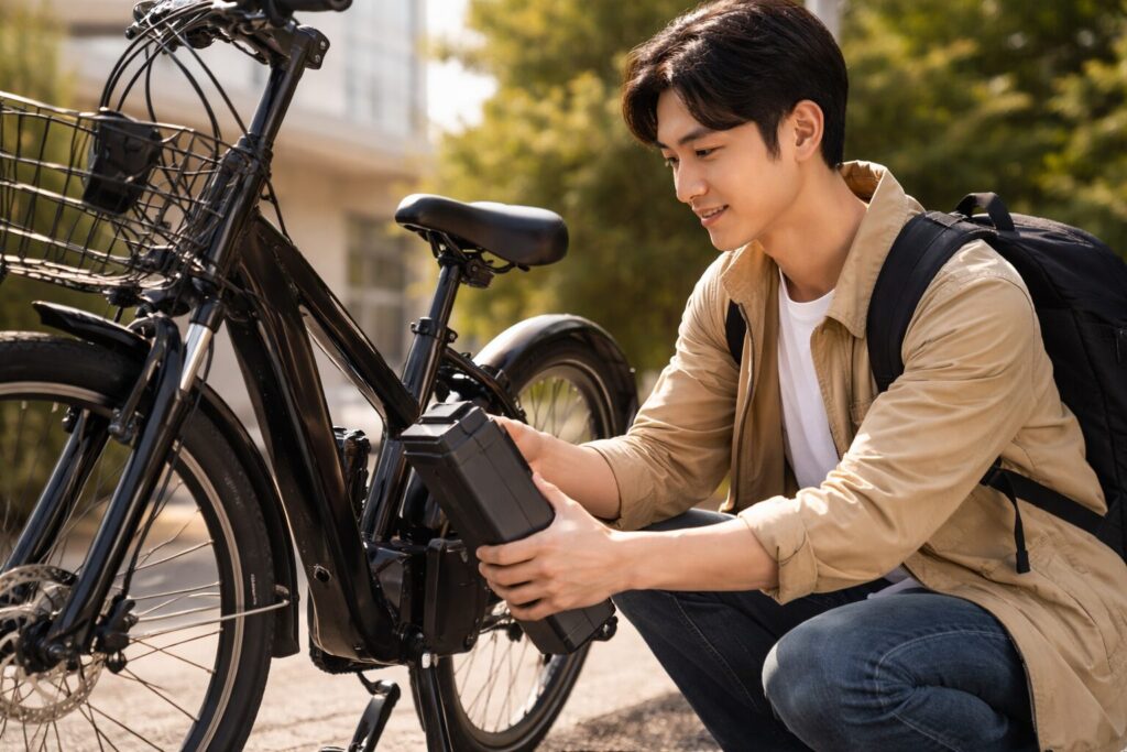電動自転車のバッテリーを毎回外す通勤ユーザーのイメージ