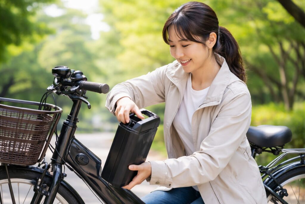 屋外で電動自転車のバッテリーを毎回外す女性のイメージ