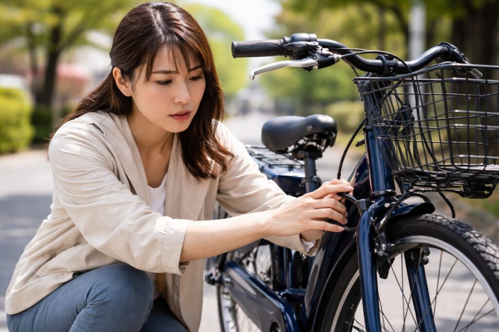 日本人女性がブレーキを点検している画像