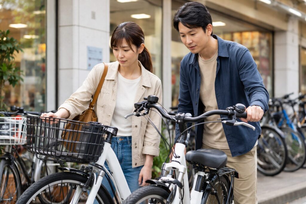 街中で26インチの電動自転車を押し歩きする日本人女性の日常風景