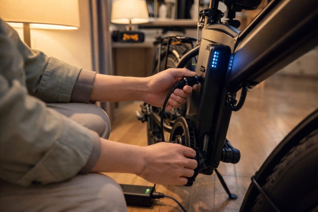 室内でFLYFISH電動アシスト自転車のバッテリーを充電する様子、充電ケーブル接続シーン