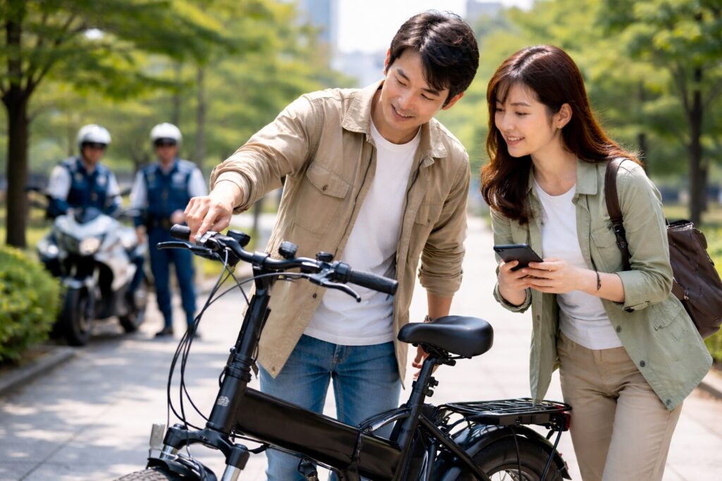 公園でFLYFISH電動アシスト自転車のハンドル周りを確認する日本人カップルの様子