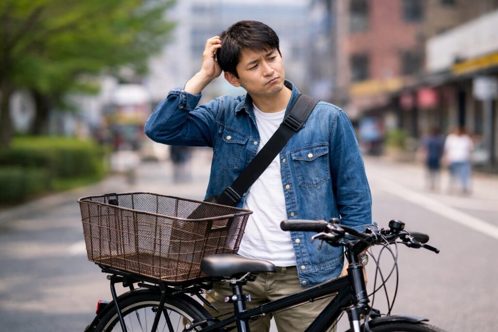 自転車の後ろカゴがダサいか悩みながら街中でクロスバイクを見つめる日本人男性