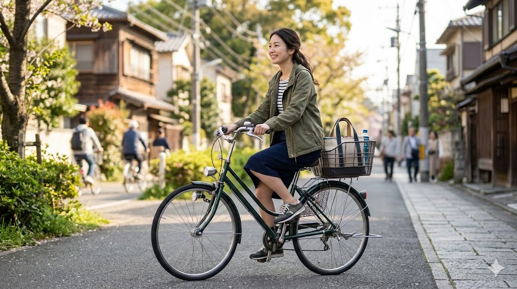 後ろカゴ付き自転車で街中を快適に走る日本人女性の通勤風景