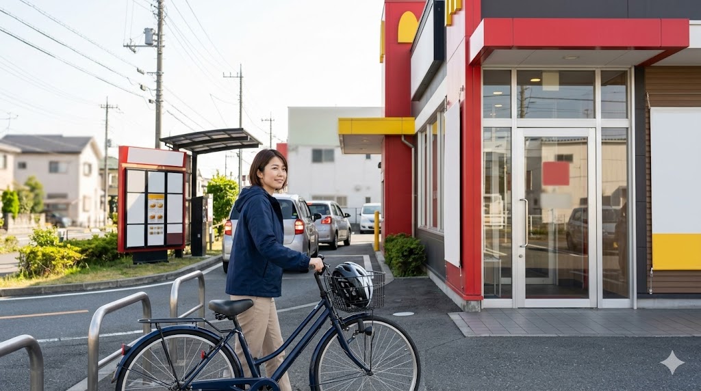 マクドナルド店舗前で自転車を押しながら入店を検討する日本人女性