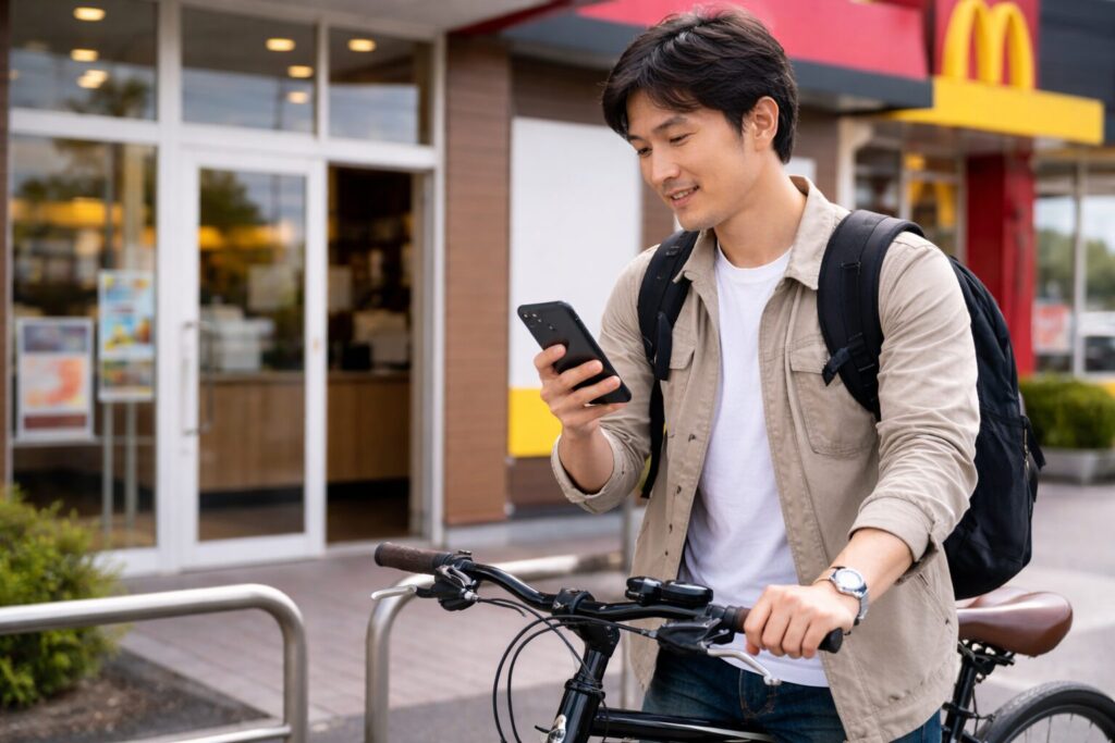 マクドナルド店舗前で自転車にまたがりながらスマートフォンでモバイルオーダーをする日本人男性