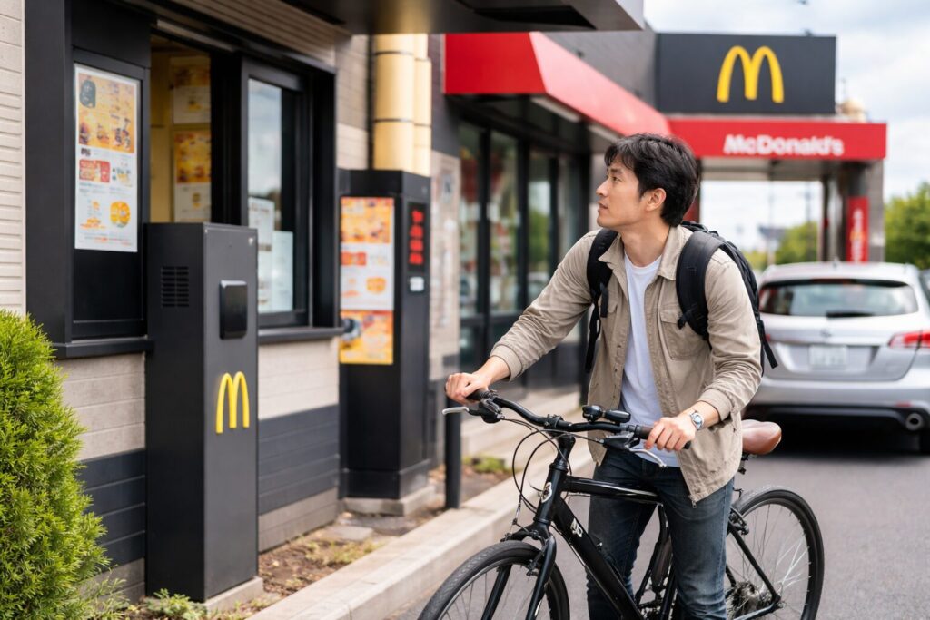 マックのドライブスルーで自転車に乗った日本人男性が注文口のメニューを確認している様子