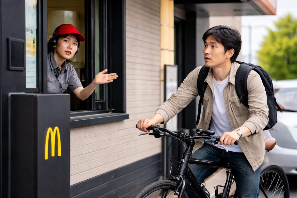 マックのドライブスルーで自転車に乗る日本人男性が店員に案内されている場面