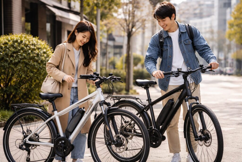 ウィルゴー電動自転車を確認する日本人カップルの街乗りシーン