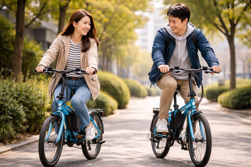 ウィルゴー電動自転車で街中を走る日本人カップル