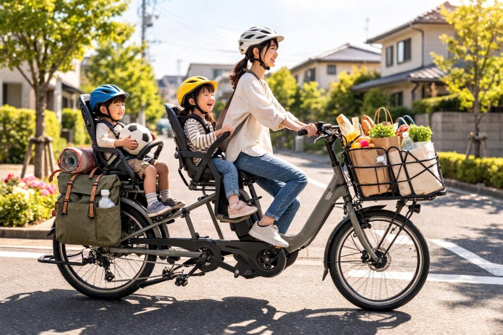 3人乗り自転車の荷物アイデアで前カゴとサイドバッグを活用する例