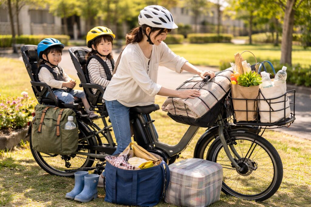 3人乗り自転車の荷物アイデアとして布団や買い物袋を積載している様子