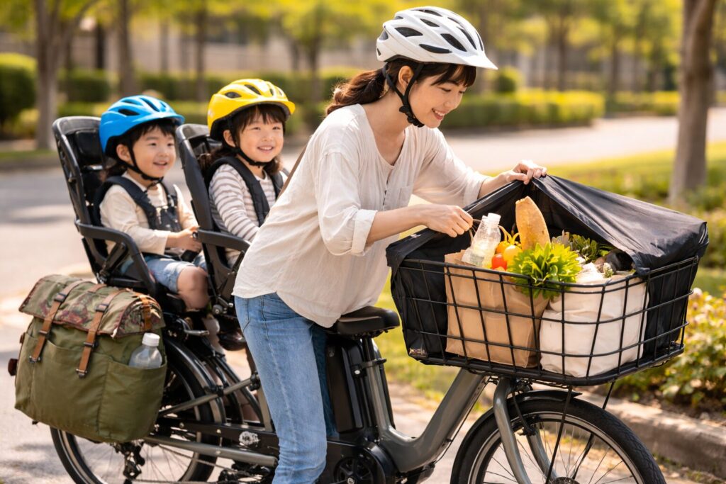 後ろカゴ後付けとカゴカバーを使った3人乗り自転車の荷物アイデア