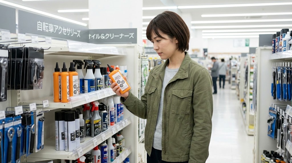 ホームセンターで自転車用チェーンオイルを選ぶ日本人女性 自転車の油差しはどこに売ってるか探している様子