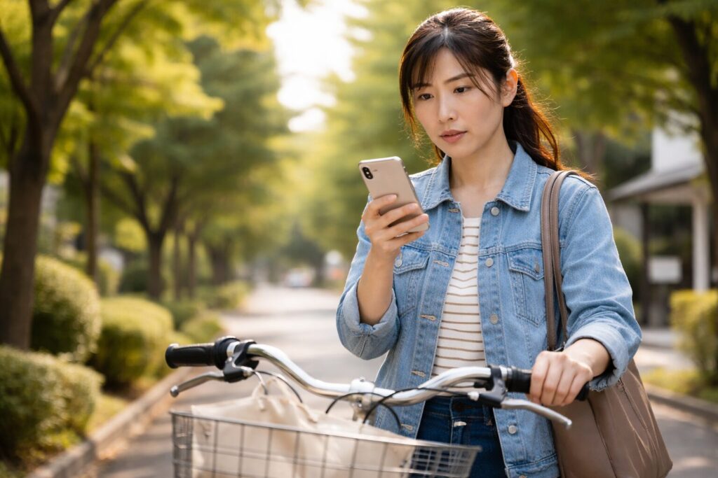 スマートフォンを見ながら自転車を押す日本人女性の危険な利用シーン