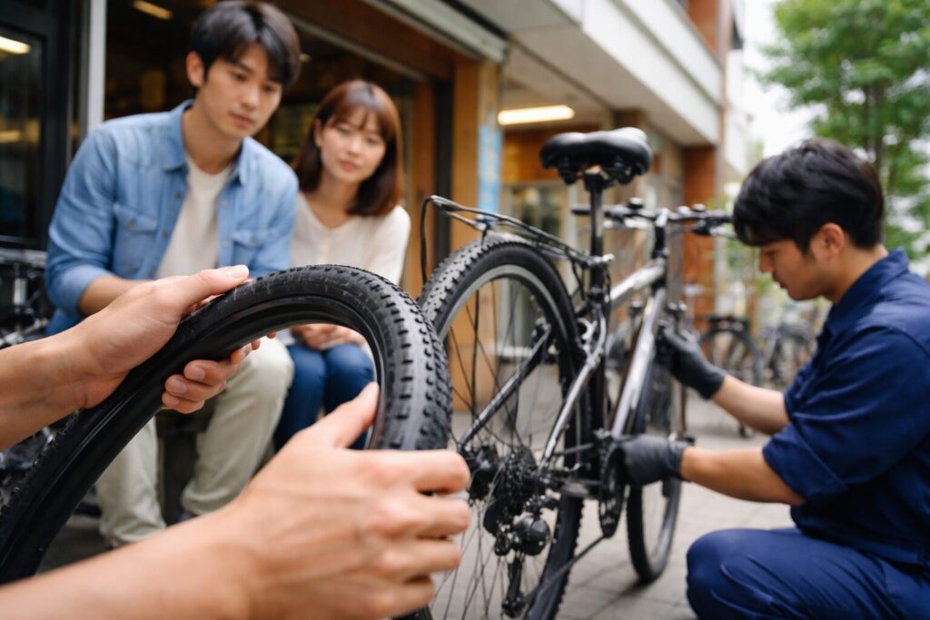自転車タイヤ交換の費用説明を受ける日本人カップルと整備士の様子