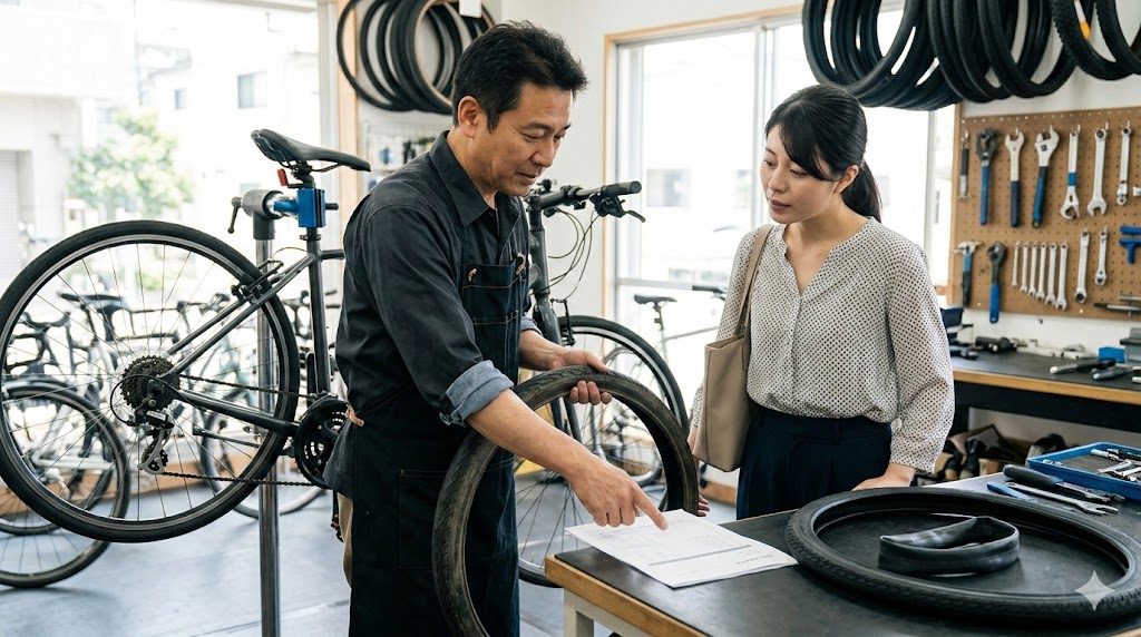 自転車店でタイヤ交換の見積もり説明を受ける日本人女性