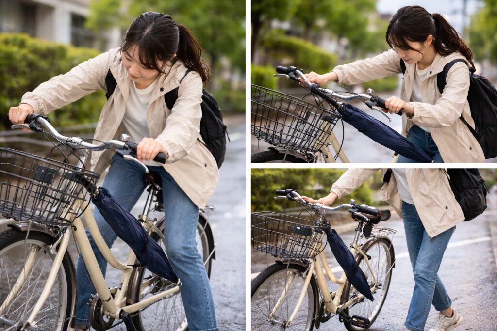 自転車のフレームに長傘を2点固定して持ち運ぶ方法