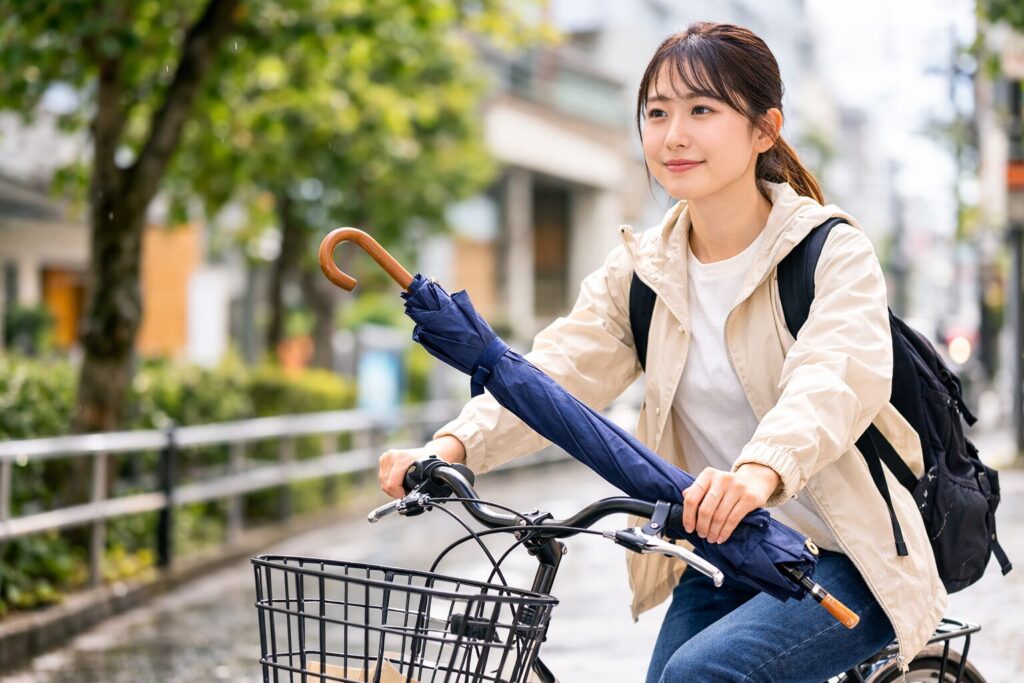 ハンドル操作を邪魔しない傘の配置と安全確認