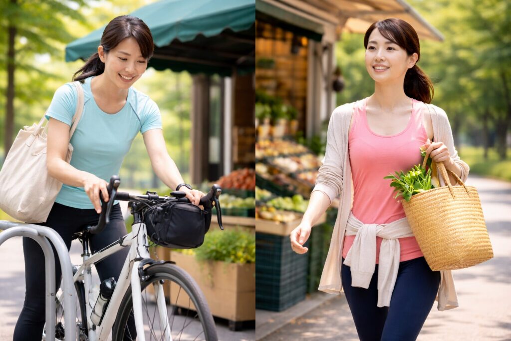 自転車と歩きどっちが痩せるかをイメージする日本人女性の自転車とウォーキング比較シーン
