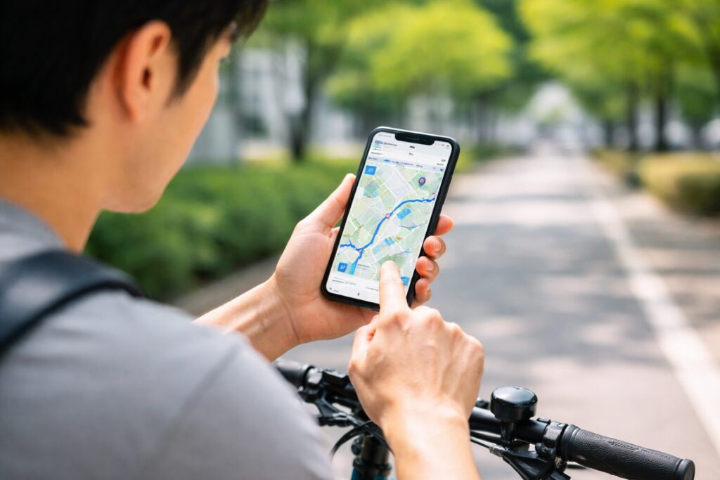 スマートフォンの地図アプリで自転車ルートと所要時間を確認する日本人男性