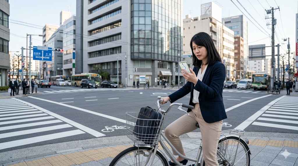 通勤中にグーグルマップで自転車の所要時間を確認する日本人女性