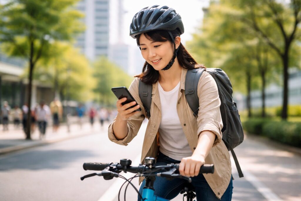 グーグルマップの自転車時間を確認しながら街中を走る日本人女性サイクリスト