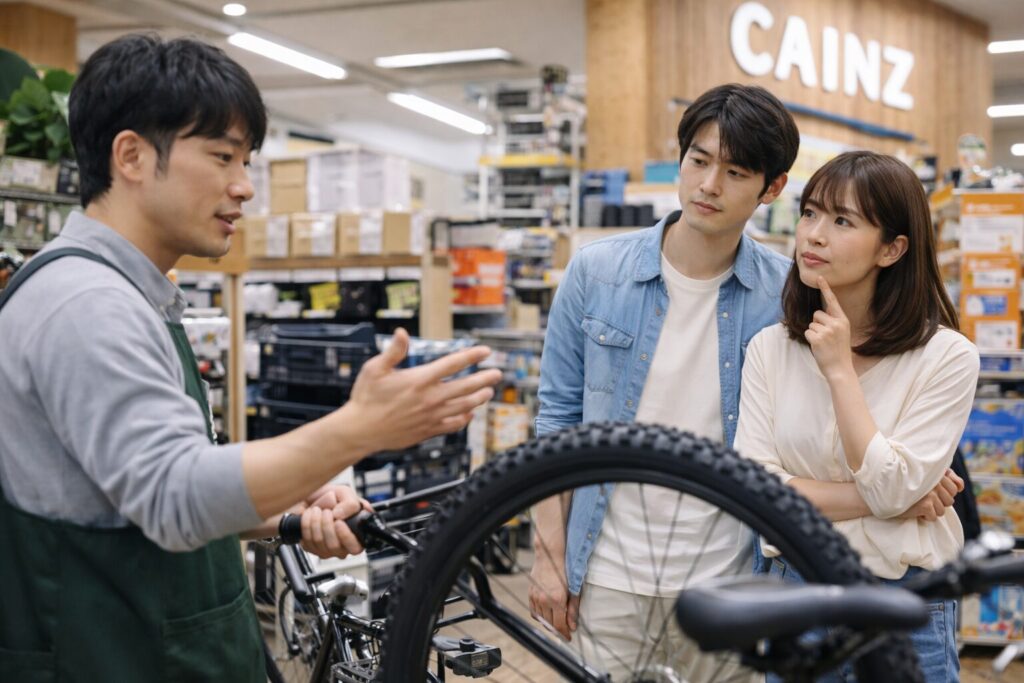 ホームセンターで自転車タイヤ交換について相談する日本人夫婦