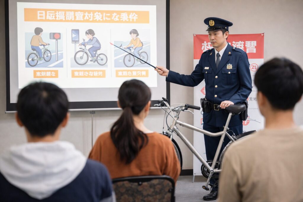 自転車の交通安全講習で警察官から説明を受ける日本人参加者