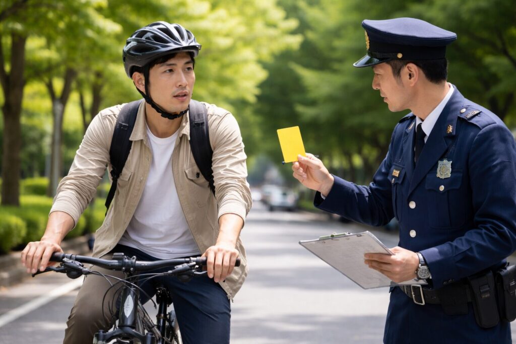 自転車の違反で警察官からイエローカードを提示され住所確認を受ける日本人男性