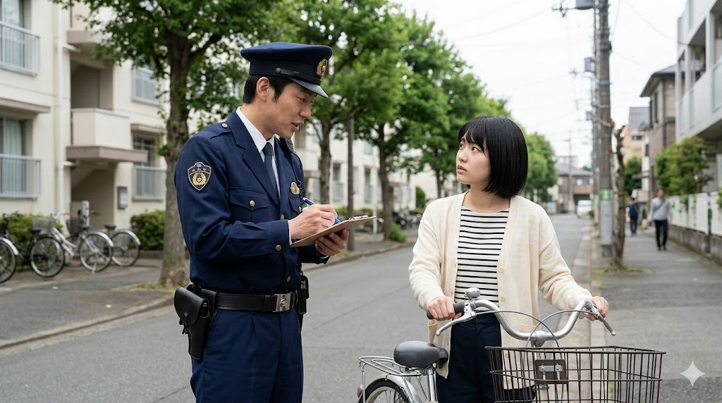 自転車利用中に警察官から住所確認を受ける日本人女性