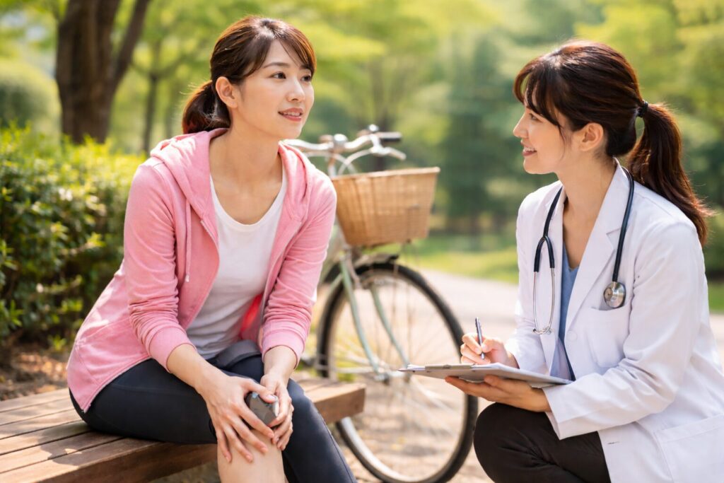 膝が痛い人の運動の始め方を医師に相談する日本人女性