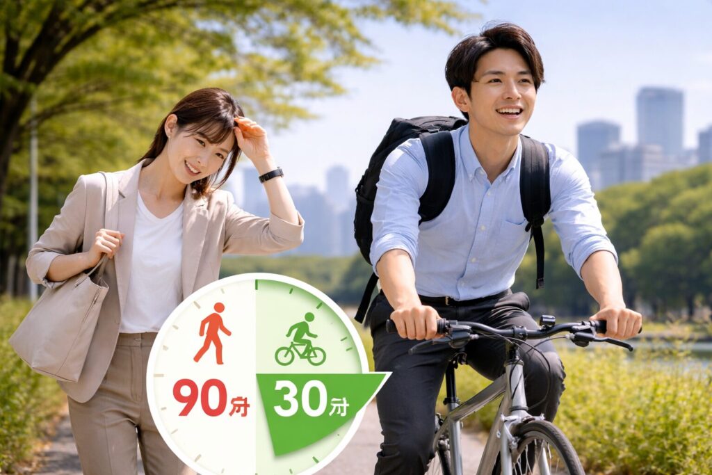 徒歩1時間半と自転車移動時間を比較するイメージ