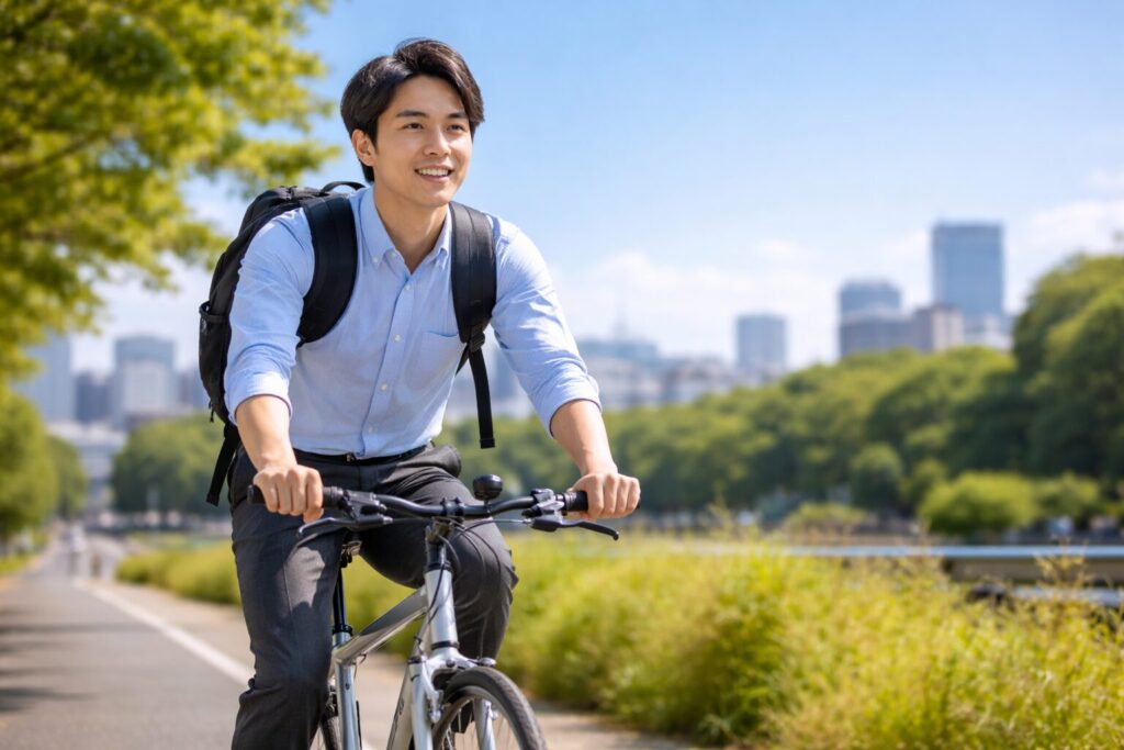 徒歩1時間半の距離を自転車通勤する日本人男性